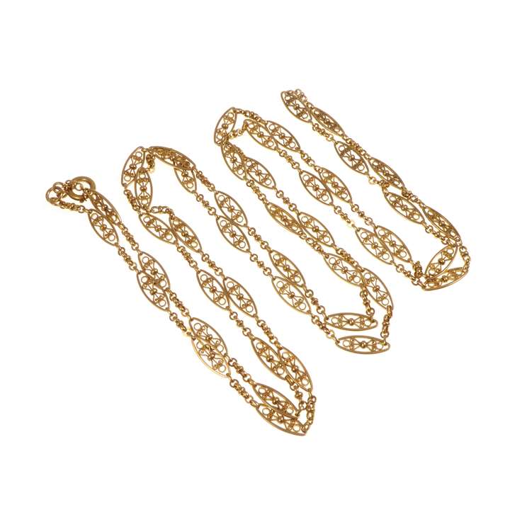 Antique 18ct gold long chain necklace with navette and scroll links